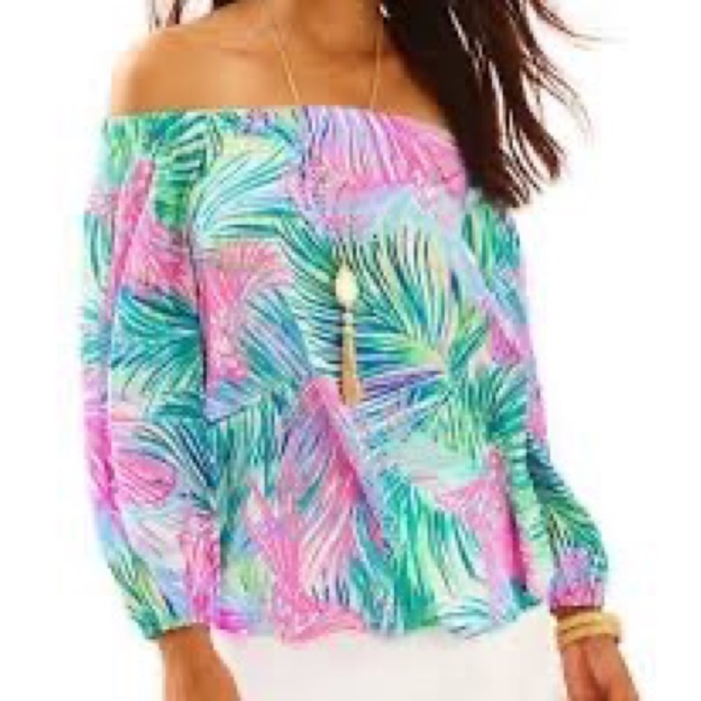 Bd:  Lilly Pulitzer Adira in Multi Scarlet Off Shoulder Silk Top Blouse Sz S
